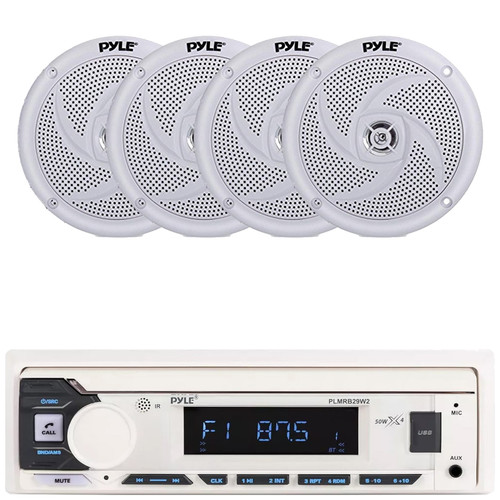 Pyle PLMRB29W2 Single DIN Marine Bluetooth USB/AUX MP3 Player AM/FM Radio Stereo Receiver, 4x Pyle PLMRS5W 5.25" 180 Watt Max Power 2-Way Waterproof Low Profile Slim Style White Boat Audio Speakers