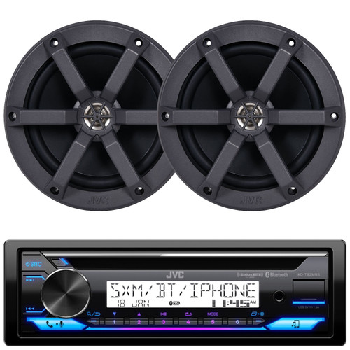 JVC KD-T92MBS Single DIN Marine MotorSports Bluetooth USB/AUX CD Player AM/FM Stereo Receiver, 2x JVC 6.5" OEM Replacement 6.5" 100 Watt Max Power 2-Way Black Boat Speakers (Bulk Packaging)