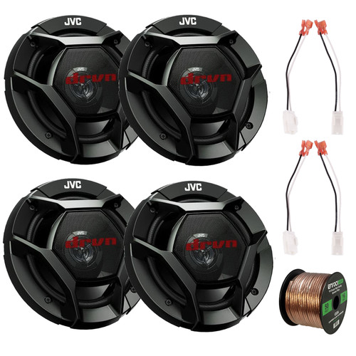 Two Pairs (QTY 4) Of JVC CS-DR621 drvn DR Series 6.5" 300 Watt Max Power 2-Way Coaxial Speakers, 50 feet 16 Gauge Speaker Wire, 2x Metra 72-6514 Speaker Harness for Select Chrysler/Dodge Vehicles