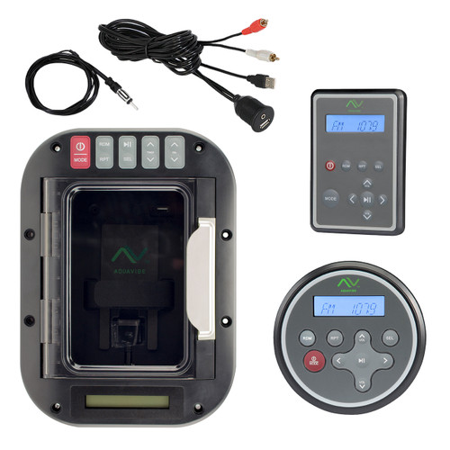 Magnadyne Aquavibe MD150 AM/FM LED USB Bluetooth iPod Marine Stereo Device Locker, WRC150 Wired Remote, CCR150 Wireless Remote, Enrock Antenna - 40 ", Enrock Universal USB 3.5MM Aux Interface Mount