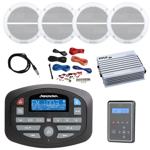 Magnadyne AM/FM Bluetooth RV Audio Receiver, waterproof Marine Wired Remote Control, 4x Enrock Marine 6.5" Full Range Speakers 250 Watts, 4 Channel 400 Watt White Amp, Amp Install Kit, Antenna 40"