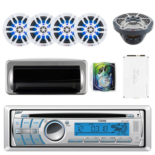 DS18 HYDRO MC18BT Single Din In-Dash CD/USB/Bluetooth/AM/FM/AUX Receiver, 4X NXL6 White 6.5" 2-Way Speakers w/ LED Lights, HYDRO-1100.4 4 Channels Amplifier, WAVESKIT8 Marine 8-Gauge Install Kit