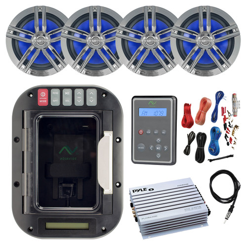 Magnadyne Aquavibe AM/FM LED USB Bluetooth Marine Stereo Device Locker, Wireless Waterproof Remote Control, 4x 6.5" Charcoal Speakers, 4 Channel 400 Watt White Amp, Amp Install Kit, Antenna 40"