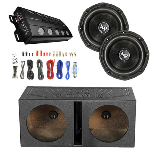 Audiopipe Class D Monoblock Amplifier, 2X Audiopipe 12" Triple Stack Subwoofer, Enrock Audio 18 AWG Gauge 50 Feet Speaker Wire Cable, QPOWER 12" Rhino Lined Dual Vented Subwoofer Box Enclosure