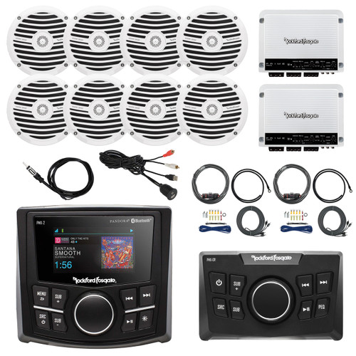 Rockford Fosgate Bluetooth Marine MP3 Receiver, Remote Control, 8x 6.5" Full Range White Speakers, 2X 4-Channel White 400 Watt Amplifier, 2X AMP Install Kit, Antenna - 40", USB AUX Interface Mount