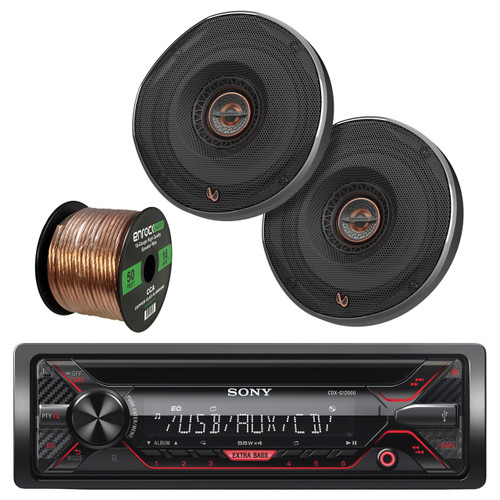Sony CDX-G1200U 55W CD Receiver with Enhanced Smartphone Connectivity,2X Infinity REF-6522EX Shallow-Mount 6-1/2" Coaxial Car Speakers, Enrock Audio 16-Gauge 50 Foot Speaker Wire