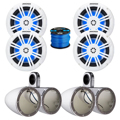 Kicker White Dual Wakeboard Tower Enclosures with 2 Pair (Qty 4) 6.5" 150 Watt Max Blue Flashing LED Boat Audio White Speakers w/50 Feet 16-Gauge Speaker Wire