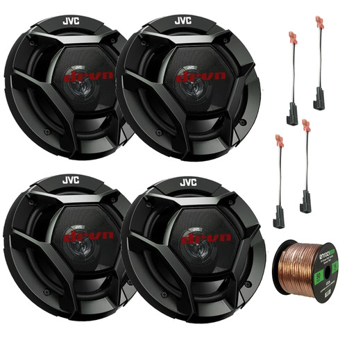 Two Pairs (QTY 4) Of JVC CS-DR621 drvn DR Series 6.5" 300 Watt Max Power 2-Way Coaxial Speakers, 50 feet 16 Gauge Speaker Wire, 2x Metra 72-5600 Speaker Harness for Select Ford Vehicles