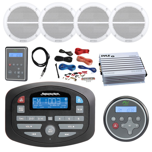 Magnadyne AM/FM LCD Bluetooth Stereo Receiver, Waterproof Marine Wired Remote Control, CCR150 Marine Radio Remote Control, 4X 6.5" Speakers, 4 Channel 400 Watt White Amp, Amp Install Kit, Antenna 40"