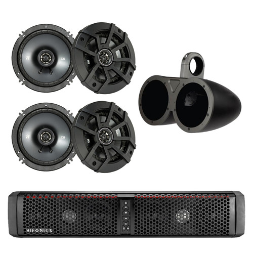 HIFONICS TPS6 THOR 6-Speaker Bluetooth Powersports Amplified Soundbar, Kicker 43CSC654 600-Watt 6-1/2" Inch CS Series 2-Way Black Car Coaxial Speakers, Kicker 12KMTED 6.5" Dual Black Empty Tower Enclosures