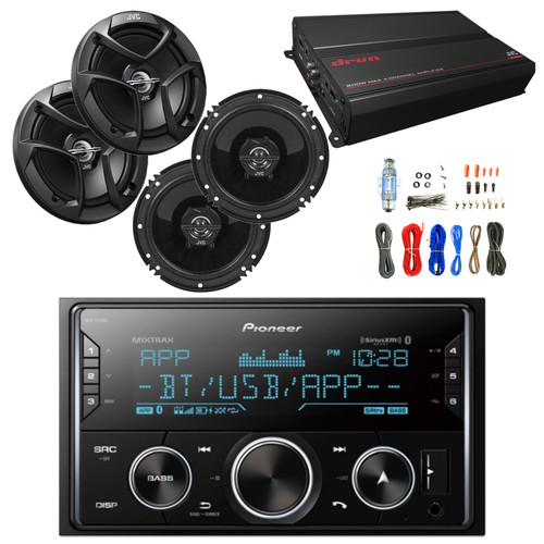 Pioneer Vehicle Digital Media 2DIN Receiver W/Bluetooth with JVC 6.5 Inch Car Audio 2-Way Coaxial Speakers System 2-Pairs, JVC 4-Channel Power Amplifier and Enrock Amplifier Wiring Installation Kit.