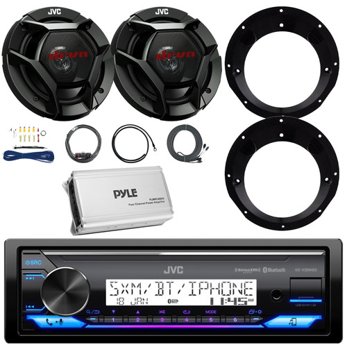 JVC KD-X38MBS Single DIN Marine MotorSports Bluetooth USB/AUX LED AM/FM Radio SiriusXM Ready Stereo Receiver, 2x 6.5" 300W Max 2-Way Coaxial Speakers W/Adapters, 4-Channel Class D Amplifier W/Kit