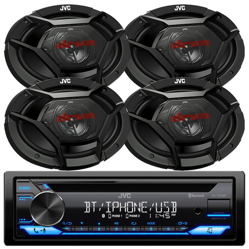 JVC KD-TD72BT Single DIN Bluetooth USB AUX AM/FM Radio Stereo CD Player Car Audio Receiver Bundle Combo Two Pairs (QTY 4) Of JVC CS-DR6931 DRVN Series 6x9" 500W Power 3-Way Coaxial Car Audio Speakers