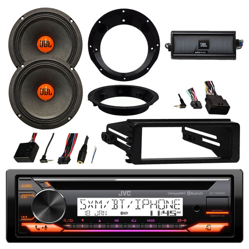 JVC KD-T92MBS Single DIN Marine Bluetooth USB AUX CD Player Receiver, 2x JBL 6.5" 300 Watt Peak Power Speakers w/Adapter, 4-Channel Amplifier, Steering Wheel Control, Stereo Install Kit (Harley 98-13)