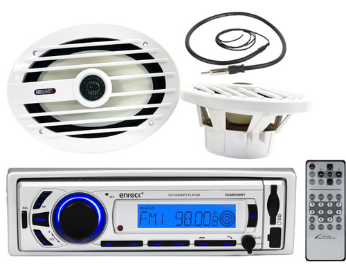 Enrock Marine Bluetooth USB Radio, Antenna, 6x9" Marine 260W 2Way Speaker Set