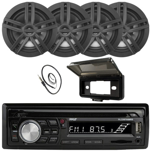 Pyle PLCDBT95 Single DIN Marine Bluetooth USB/AUX MP3/CD Player AM/FM Radio In Dash Stereo Receiver w/Black Cover, 4x 6.5" 180 Watt Max Power 2-Way Black Boat Audio Speakers, 22" Radio Antenna