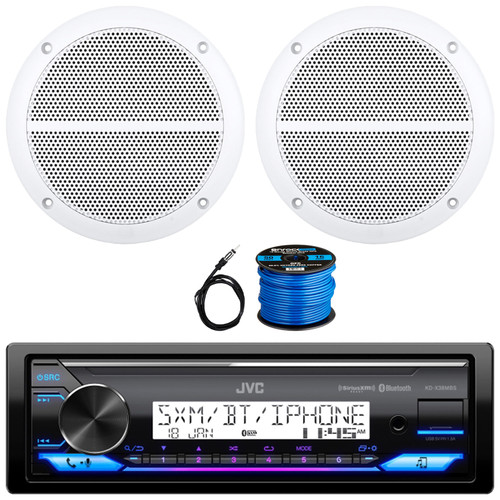 JVC KD-X38MBS Single DIN Marine Bluetooth MotorSports USB/AUX LED AM/FM Radio SiriusXM Stereo Ready Receiver, 2x 6.5" 90W Max Power 2-Way Full Range White Boat Speakers, Radio Antenna, Speaker Wire