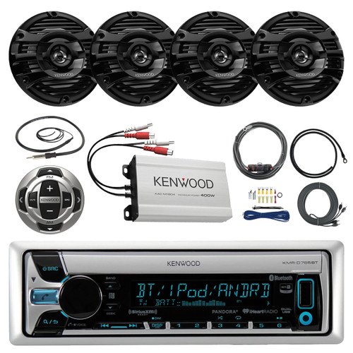 21' - 29' Pontoon Boat Marine System: Kenwood KMR-D768BT Bluetooth Receiver, 4 x 6.5" Speakers, 4 Channel Amplifer, Kenwood Wired Remote, T-spec v8 SERIES Amp Installation Kit, Enrock Radio Antenna