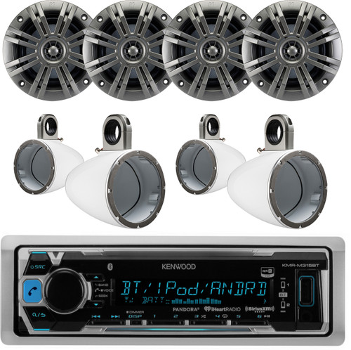 4x Kicker Marine 6.5" Coaxial Speaker, White Enclosures, Kenwood Radio Receiver (EKICMP16387)