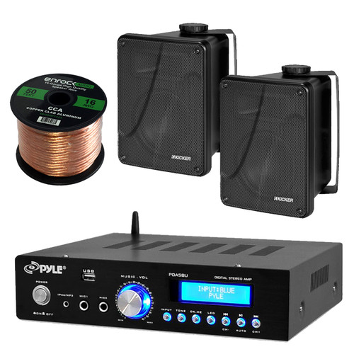Bluetooth Pyle Home Stereo Receiver, Kicker 6.5"Box Speakers, 50 FT Speaker Wire (ESKIT21608)