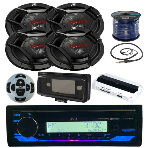 JVC KD-T92MBS Bluetooth USB AUX AM/FM Radio CD Receiver w/Wired Remote Control, Black Radio Cover, 4x 6X9" 500 Watt 3-Way Car Audio Speakers, 4-Channel Amplifier, 22" Antenna, Wire