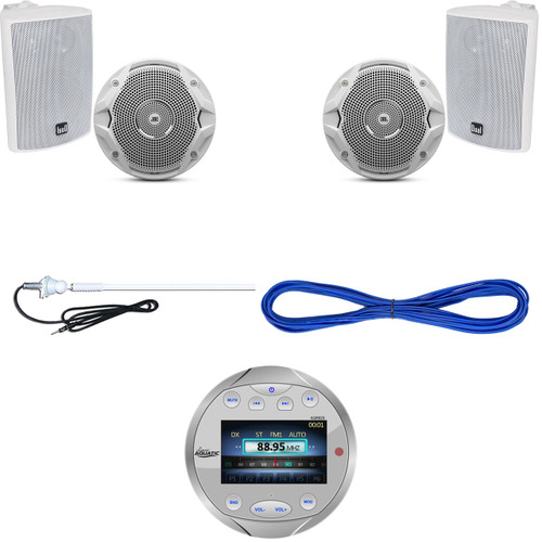 4" / 6.5" Speaker Marine Set, Wires, Lanzar Round Bluetooth USB Radio, Antenna (MBNPN839)