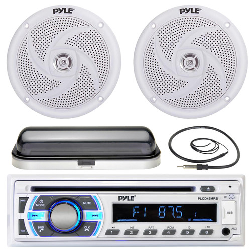 Pyle PLCD43MRB Single-DIN Bluetooth MP3/USB/SD In-Dash Stereo Head Unit Receiver W/White Cover, 2x 5.25" 180 Watt Max Power 2-Way Waterproof Low Profile Slim Style Boat Audio Speakers, Radio Antenna