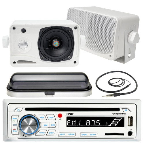 3.5" Marine 200W Box Speakers, Pyle Bluetooth USB SD Radio, Antenna, Radio Cover (MPPK16498)