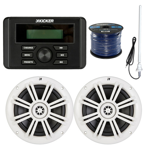 Kicker KMC3 Gauge Style Bluetooth Marine Weather-Resistant Media Receiver, 2x Infinity 6.5-Inch 225W 2-Way Marine Speakers (Bulk Packaging), Enrock 16 Gauge 50 Feet Speaker Wire, Rubber Mast Antenna