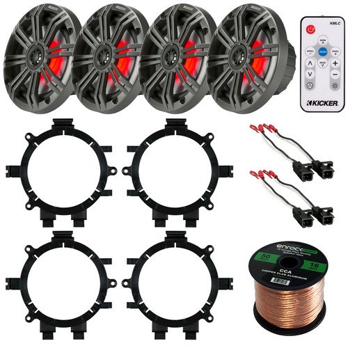 Kicker 6.5" Inch KM-Series LED Marine Speakers (Charcoal Grilles), Metra 72-4568 Car Speaker Harness, Metra 82-3002 Speaker Adaptors, Enrock 16-Gauge 50 Foot Speaker Wire, LED Light Remote Control