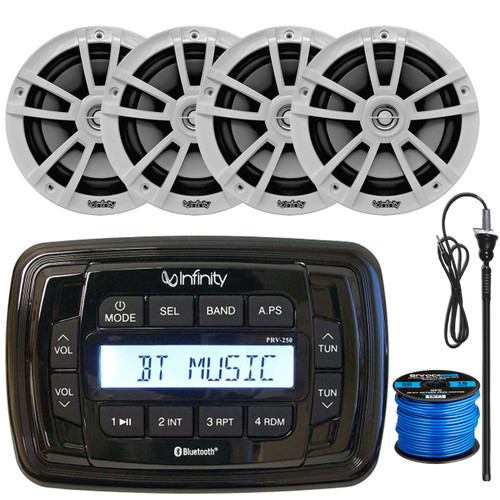 Infinity PRV250 Marine Bluetooth USB/AUX AM/FM Radio Digital Media Black Stereo Receiver, 4x 6.5" 225W Max Power High-Performance Speakers, long-range Radio Antenna, 50 Feet 16 Gauge Speaker Wire