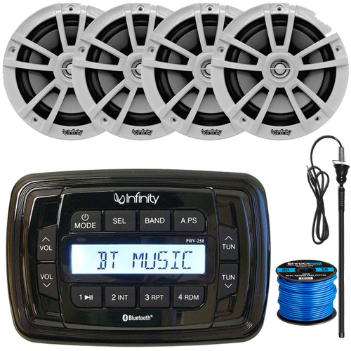 Infinity PRV250 Marine Bluetooth USB/AUX AM/FM Radio Digital Media Stereo Receiver, 4x Infinity 6.5" 225 Watts Max Power High-Performance White Speakers, 22" Radio Antenna, Speakers Wire