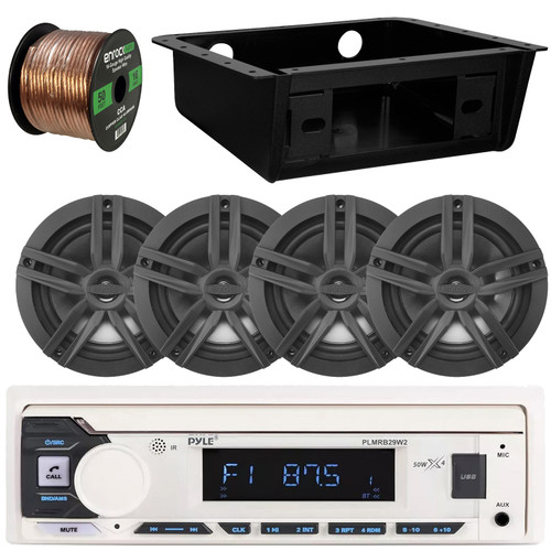 Pyle PLMRB29W2 Single DIN Marine Bluetooth USB/AUX MP3 Player AM/FM Radio Stereo Receiver w/Install Kit, 4x 6.5" 180 Watt Max Power 2-Way Black Boat Audio Speakers, 50 Feet 16 Gauge Speaker Wire