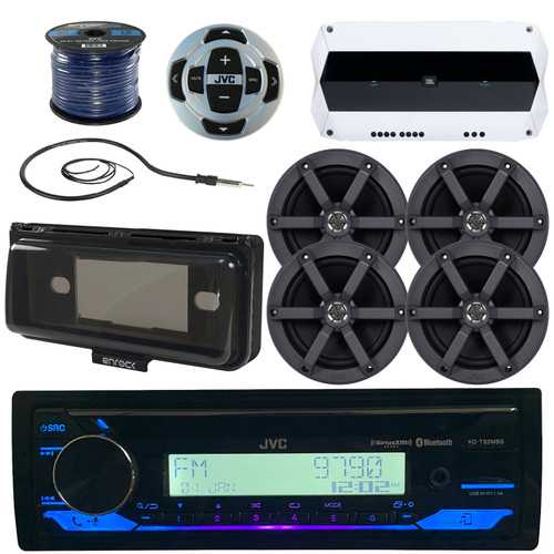 JVC KD-T92MBS Single DIN Marine MotorSports Bluetooth USB AUX Stereo SiriusXM CD Player Receiver, Wired Remote, Radio Cover, 4x 6.5" Speakers, JBL 1000W Amp, Speaker Wire, Antenna
