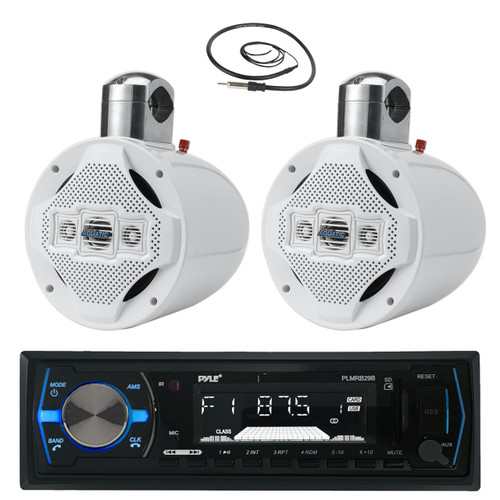 2 White 8" Wake Board Speakers, Pyle Bluetooth USB Marine Radio and Antenna  (MPPK16027)