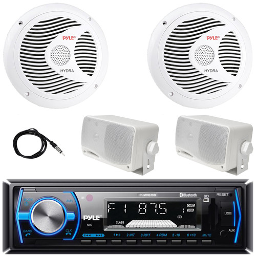 Pyle PLMRB29B Single DIN Marine Bluetooth USB/AUX MP3 Player AM/FM Radio In-Dash Black Stereo Receiver, 2x 6.5" 150W Max Full Range Speakers, 2x 3.5'' 200W Max White Mini Box Speakers, Radio Antenna