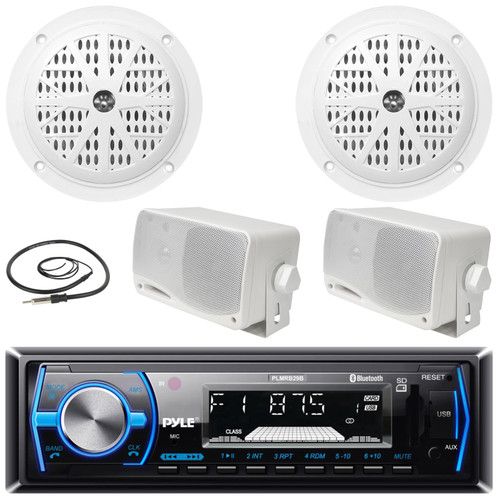 Pyle PLMRB29B Single DIN Marine Bluetooth USB/AUX MP3 Player AM/FM Radio In-Dash Black Stereo Receiver, 2x 4'' 100W Max Waterproof White Speakers, 2x 3.5'' 200W Max Mini Box Speakers, Radio Antenna