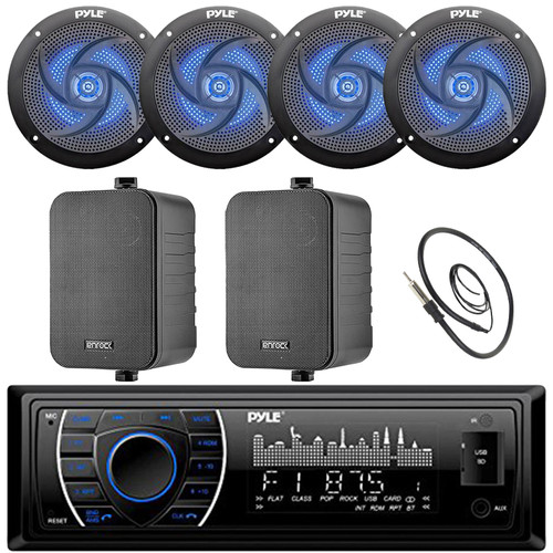 Pyle PLRMR27BTB Single DIN Marine Bluetooth USB/AUX MP3 Player AM/FM Radio In-Dash Stereo Receiver, 4x 5.25" 180W Max 2-Way Blue LED Speakers, 2x 4" 30W Max 3-Way Indoor/Outdoor Speakers, Antenna