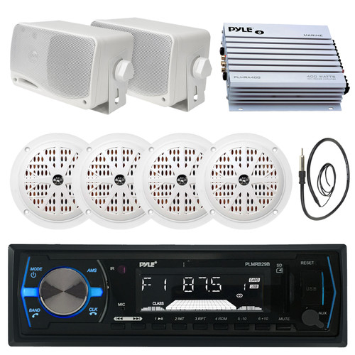 Pyle PLMRB29B Single DIN Bluetooth MP3 In-Dash Stereo Receiver, 2x 3.5'' 200W Mini Box Speakers, 4x 6.5'' 120W Dual Cone Marine Speakers (White), Amplifier, Antenna