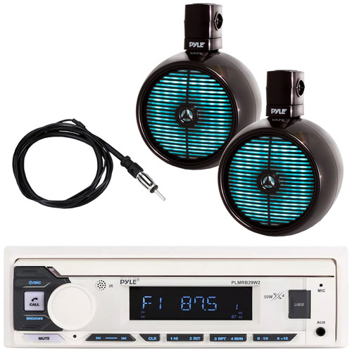 Pyle PLMRB29W2 Single DIN Marine Bluetooth USB/AUX MP3 Player AM/FM Radio Stereo Receiver, 2x 8" 450 Watt Max Power 2-Way Full Range Wakeboard Tower RGB LED Black Boat Speakers, 22" Radio Antenna