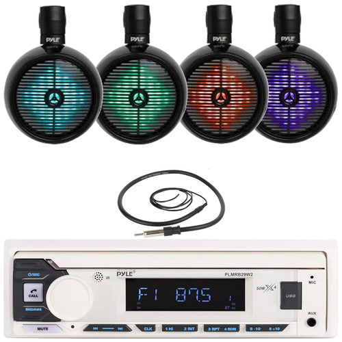 Pyle PLMRB29W2 Single DIN Marine Bluetooth USB/AUX MP3 Player AM/FM Radio Stereo Receiver, 4x 8" 450 Watt Max Power 2-Way Full Range Wakeboard Tower RGB LED Black Boat Speakers, 22" Radio Antenna