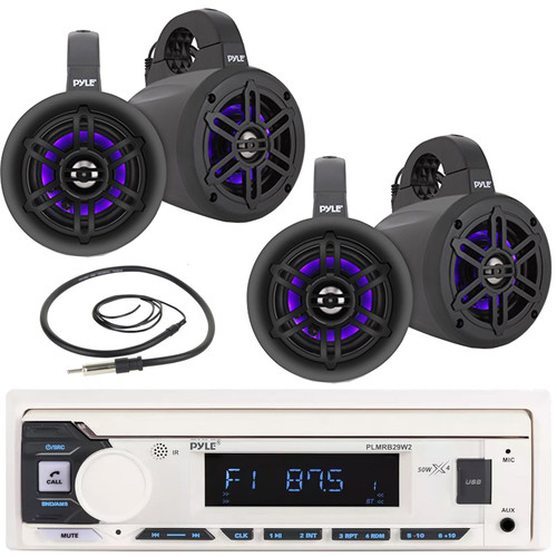 Pyle PLMRB29W2 Single DIN Marine Bluetooth USB/AUX MP3 Player AM/FM Radio Stereo Receiver, 4x 4" 300 Watt Max Power Bluetooth Waterproof Wakeboard LED Tower Black Boat Speakers, Radio Antenna