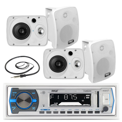 4 Marine 6.5" Box 800W Speakers, Pyle Bluetooth USB AM FM Radio, Marine Antenna (MPPK16171)