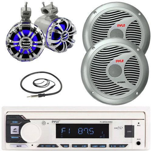 Pyle PLMRB29W2 Single DIN Marine Bluetooth USB/AUX MP3 Player AM/FM Radio Stereo Receiver, 2x 6.5'' 150W Max 2 Way Silver Speakers, 2x 5.25" 200W Max Blue LED Wakeboard Tower Speakers, Radio Antenna