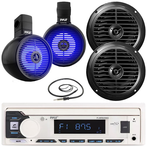 Pyle PLMRB29W2 Single DIN Marine Bluetooth USB/AUX MP3 Player AM/FM Radio Stereo Receiver, 2x 8" 300W Max 2-Way Wakeboard Black LED Boat Speakers, 2x 6.5" 120W Max Dual Cone Speakers, Radio Antenna