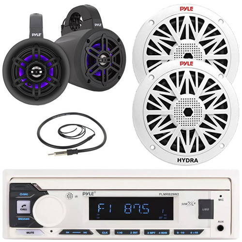 Pyle PLMRB29W2 Single DIN Marine Bluetooth USB/AUX MP3 Player AM/FM Radio Stereo Receiver, 2x Dual 6.5'' 200W Max 2-Way Full Range Speakers, 2x 4" 300W Max Wakeboard LED Tower Speakers, Radio Antenna