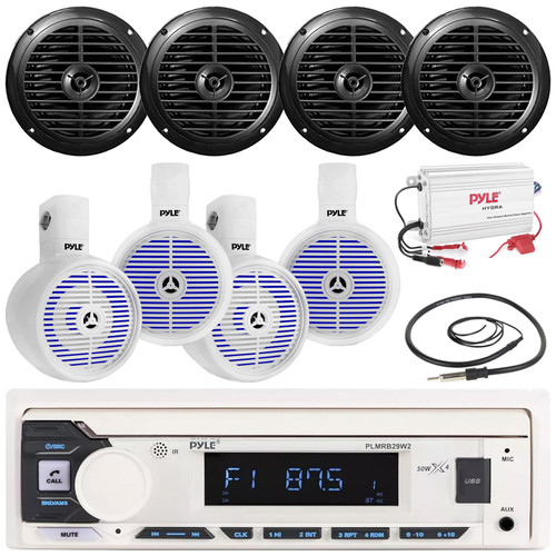 Pyle PLMRB29W2 Single DIN Marine Bluetooth USB/AUX MP3 Player AM/FM Radio Stereo Receiver, 4x 8" 300W Max Wakeboard LED Speakers, 4x 6.5'' 120W Max Dual Cone Speakers, 4-Channel Amplifier, Antenna
