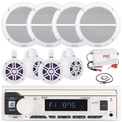 Pyle PLMRB29W2 Single DIN Marine Bluetooth USB/AUX MP3 Player AM/FM Radio Stereo Receiver, 4x 6.5" 90W Max 2-Way White Speakers, 4x 4" 300W Max RGB LED Tower Speakers, 4-Channel Amplifier, Antenna