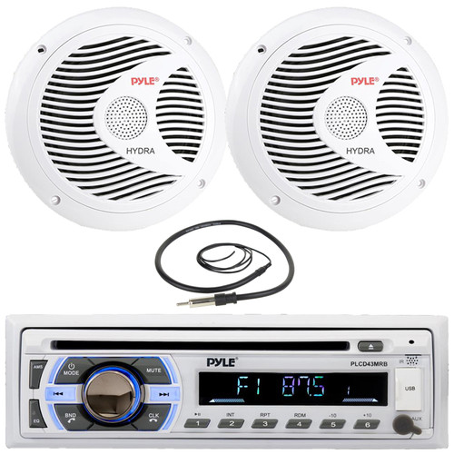 Pyle PLCD43MRB Single DIN Marine Bluetooth USB/AUX MP3 Player AM/FM Radio In-Dash Stereo Head unit Receiver, 2x 6.5" 150W Max Full Range Dual Cone Waterproof White Boat Stereo Speakers, Radio Antenna