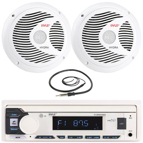 Pyle PLMRB29W2 Single DIN Marine Bluetooth USB/AUX MP3 Player AM/FM Radio Stereo Receiver, 2x 6.5" 150 Watt Max Power Full Range Dual Cone Waterproof White Marine Stereo Speakers, 22" Radio Antenna